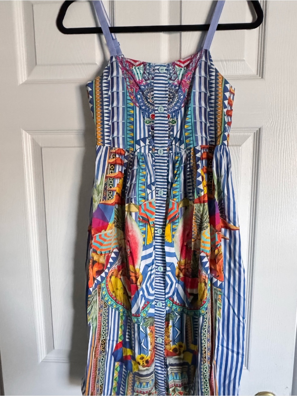 Camilla Blue Striped Multicolor Tropical Button-Front Sundress